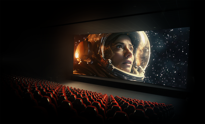 Vista de un cine con filas de asientos rojos y una pantalla de cine con un astronauta en el espacio exterior