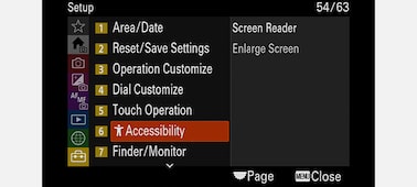 Imagen del producto en la que se muestra el menú de cámara “Configuración” con la opción “Accesibilidad” seleccionada