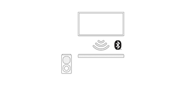 Ilustración de una TV, una barra de sonido y un subwoofer conectados de forma inalámbrica